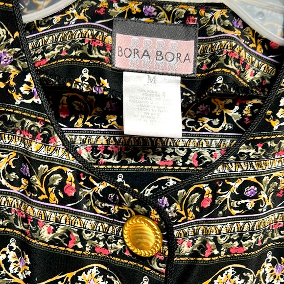 Vintage Bora Bora Black Multi Color Floral Print Long Sleeve Top Size PM - Picture 4 of 6